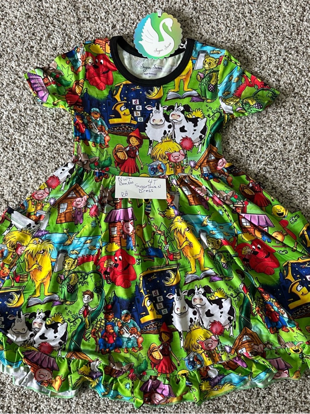 Sugar Swan NWT Bright Green Storybook Print Girls Bamboo Dress w/pockets